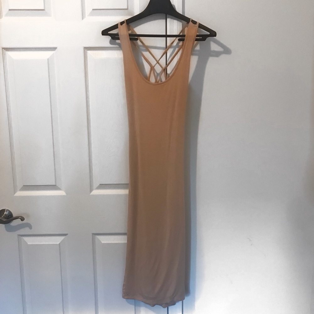 Blush/Tan bodycon open back midi dress